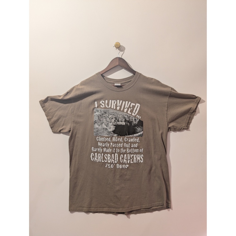 Gildan Carlsbad Caverns T-Shirt Mens XL Brown Excellent I Survived Graphic Tee